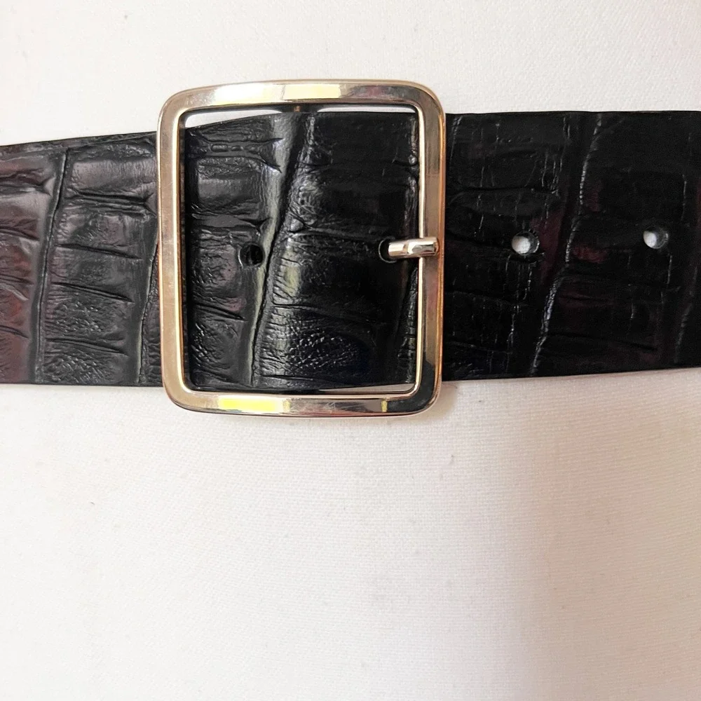 Zara Black Leather Wide Belt Silver Buckle Faux Crocodile Embossed‎ Size Small